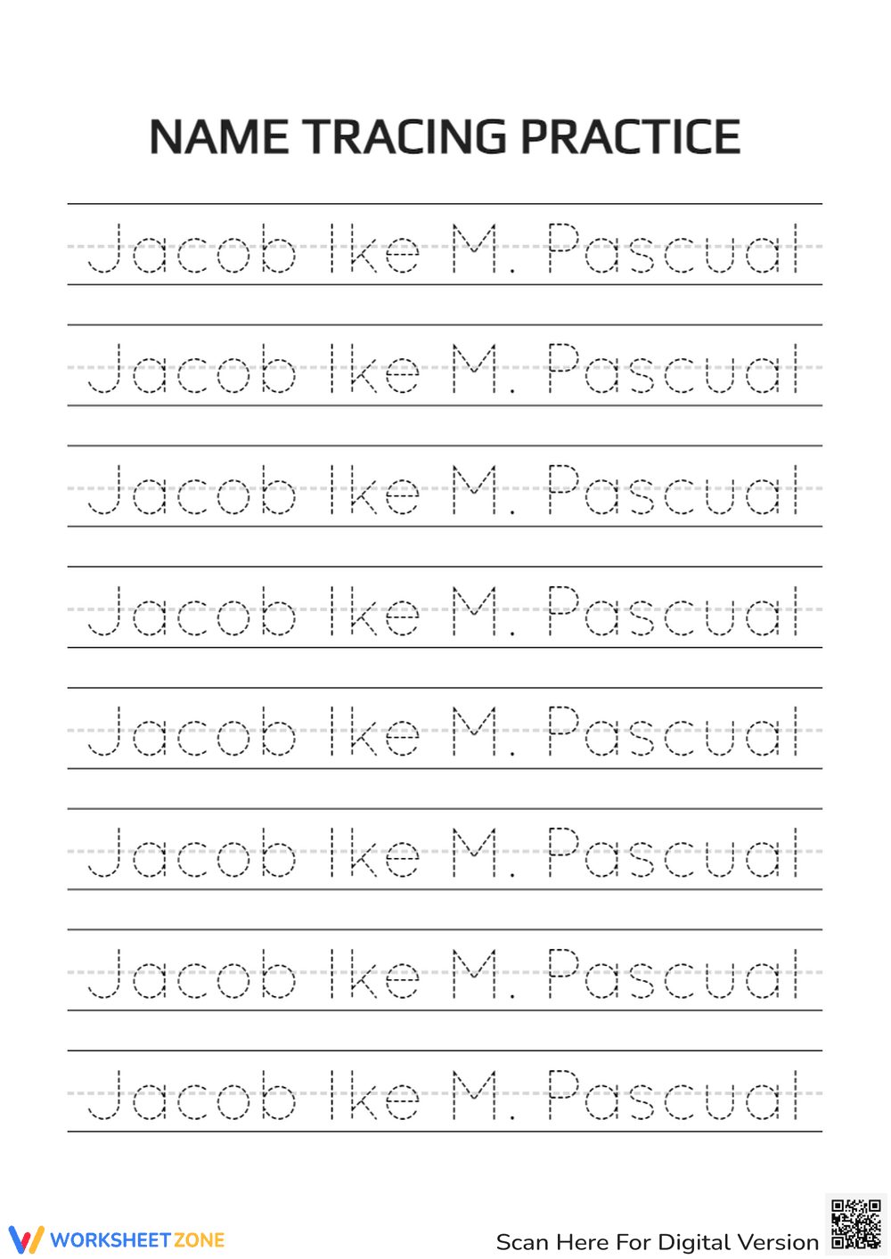 Name Tracing Practice for 'Jacob Ike M. Pascual' - Page 1