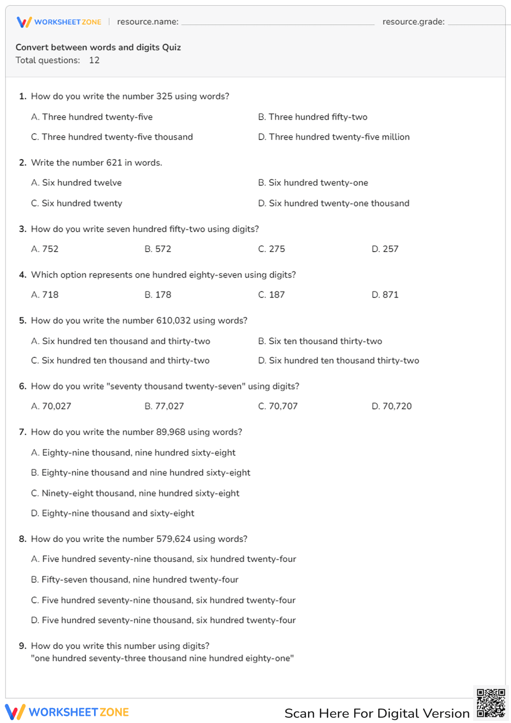 Convert between words and digits - Page 1