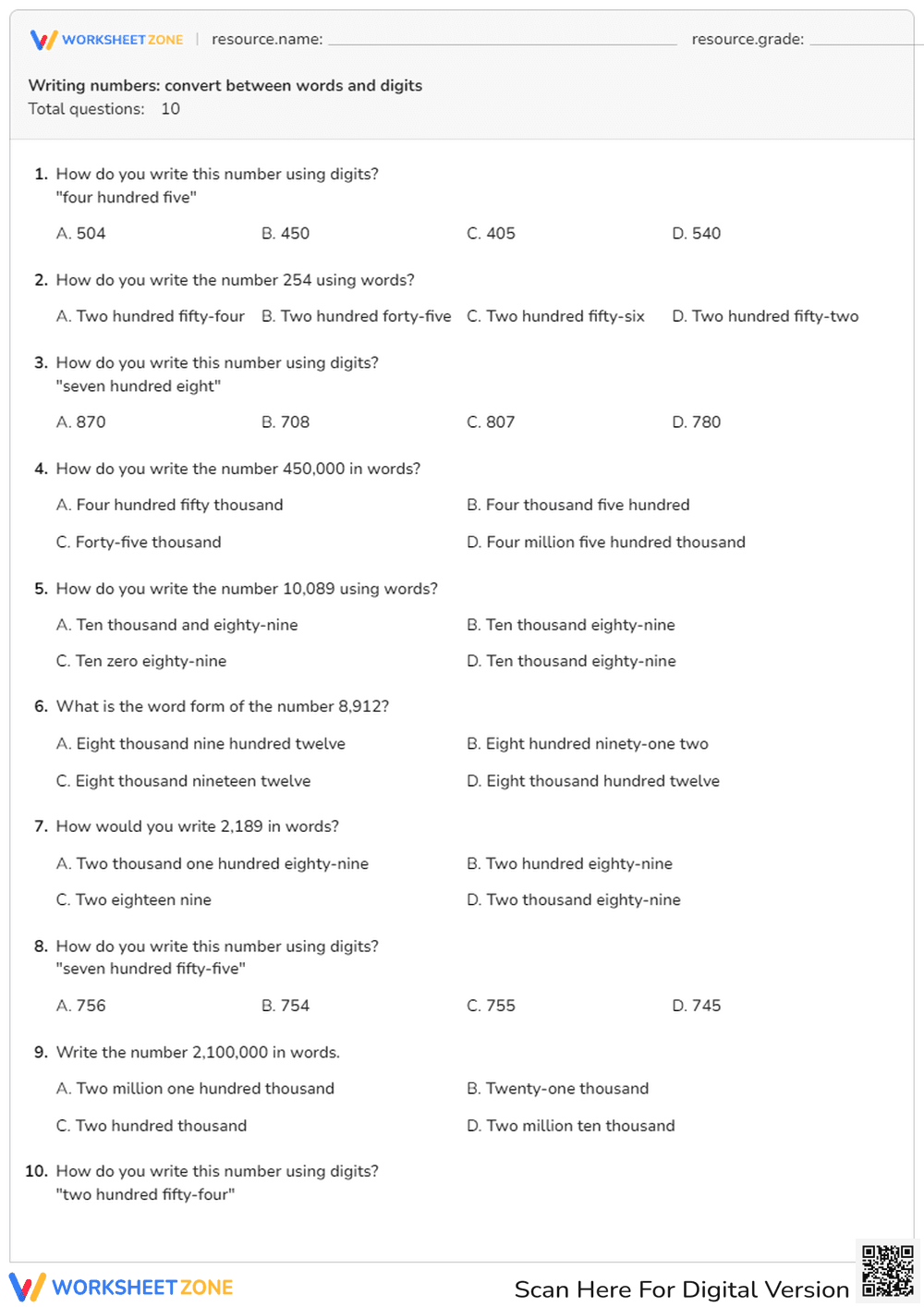 Writing numbers: convert between words and digits - Page 1