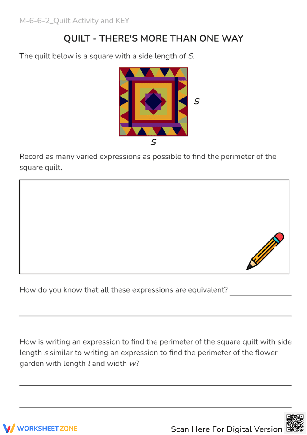 Quilt Perimeter: Algebraic Expressions Activity - Grades 6-7 - Page 1