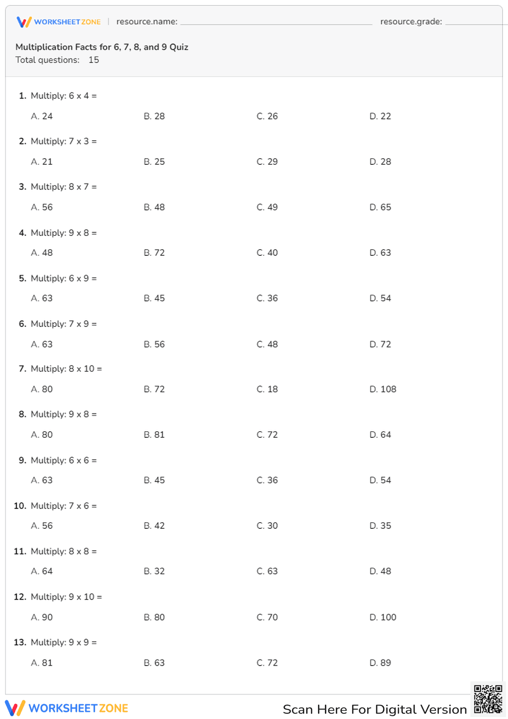 Multiplication Facts for 6, 7, 8, and 9 - Page 1
