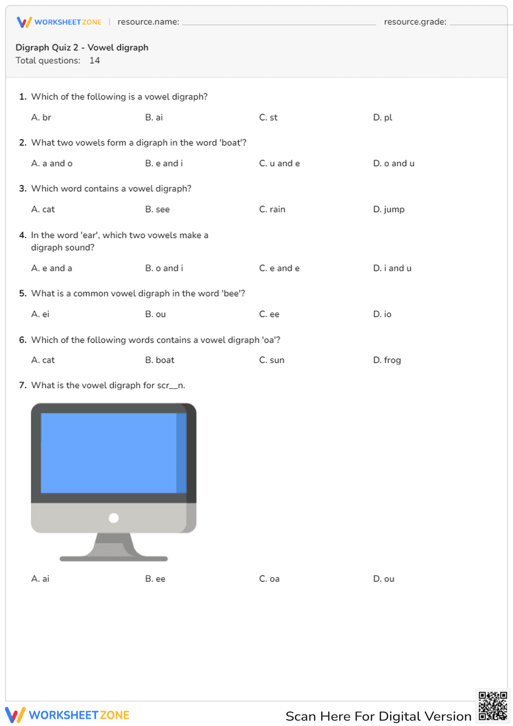 Vowel Digraph Quiz: Which Digraph for Screen? - Page 1