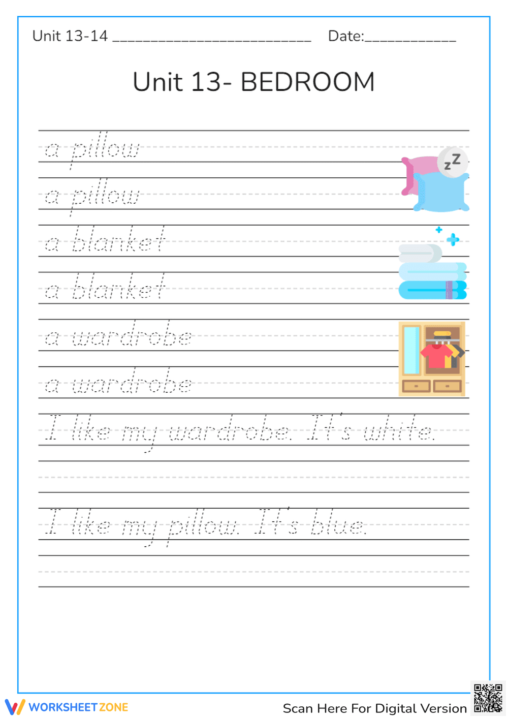 Tracing Bedroom Vocabulary Worksheet (Unit 13) - Page 1