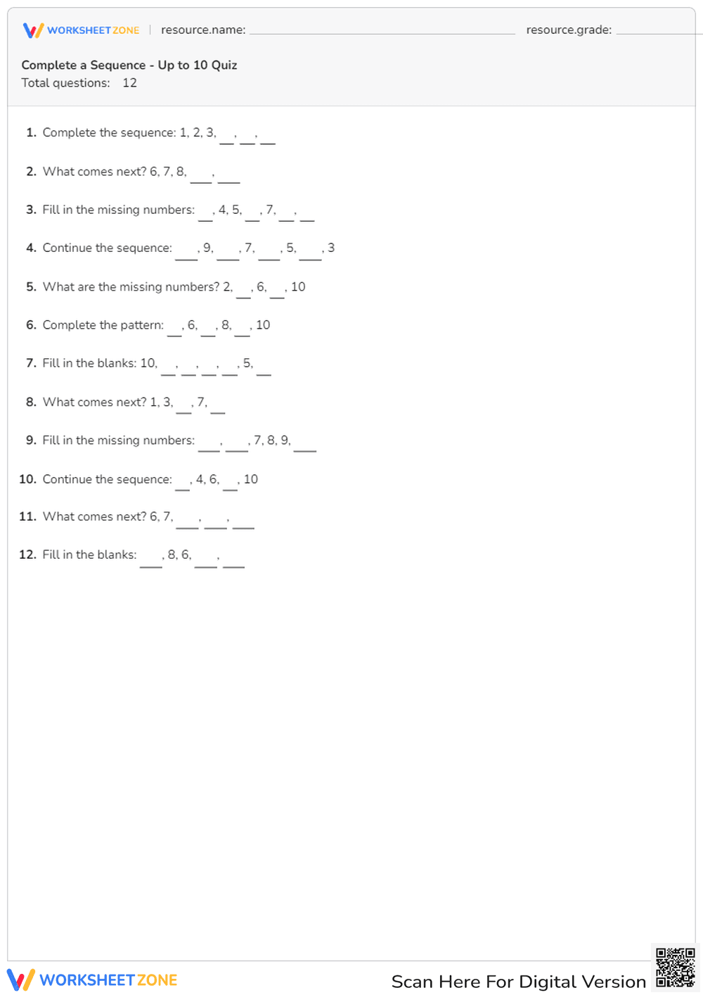 Printable Number Sequence Worksheet | Grade 1 Math - Page 1