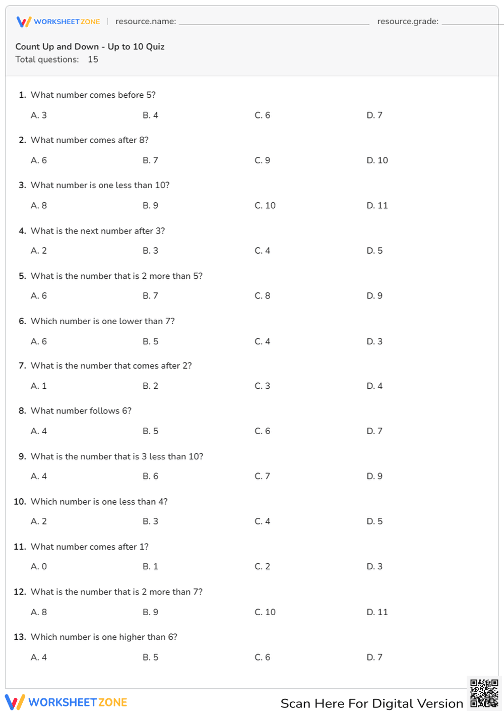 Count Up and Down - Up to 10 Quiz - Page 1