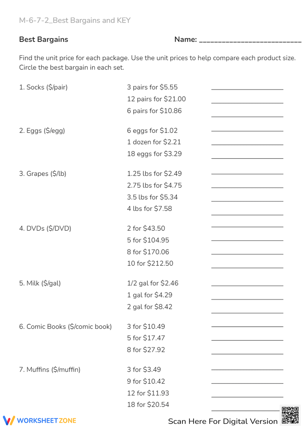 Best Bargains Math: Unit Price Worksheet (Grades 6-7) - Page 1