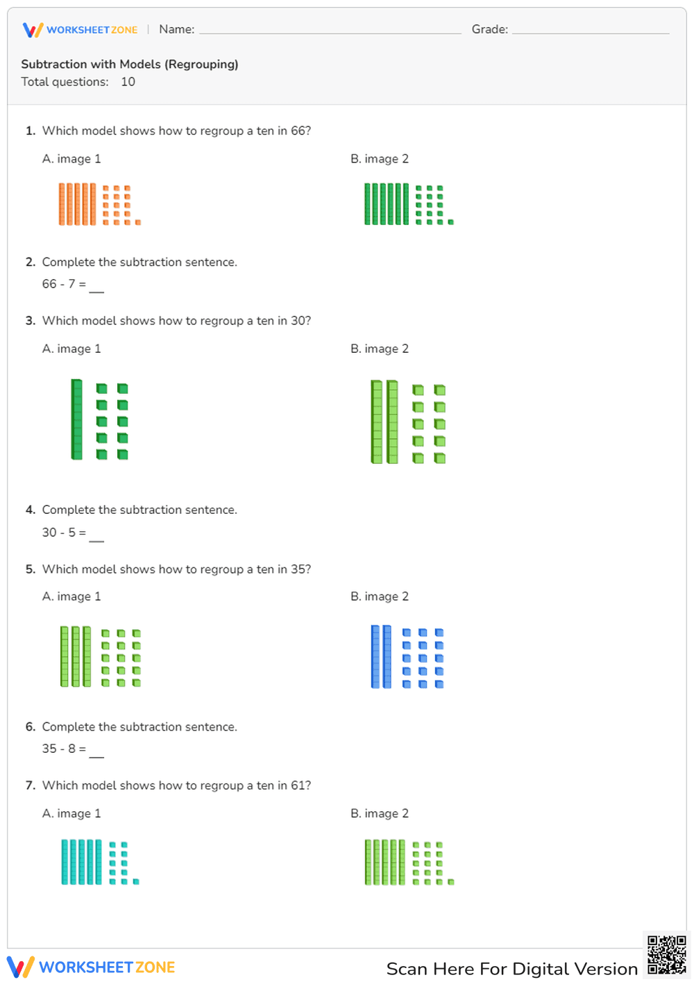 Subtraction with Models (Regrouping) - Page 1