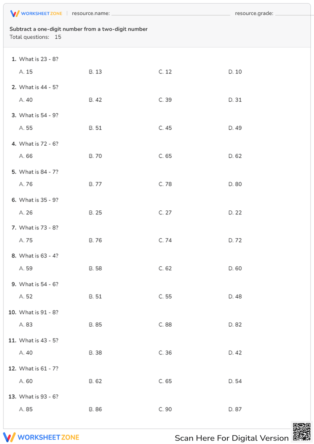 Subtract One-Digit Numbers from Two-Digit Numbers - Page 1