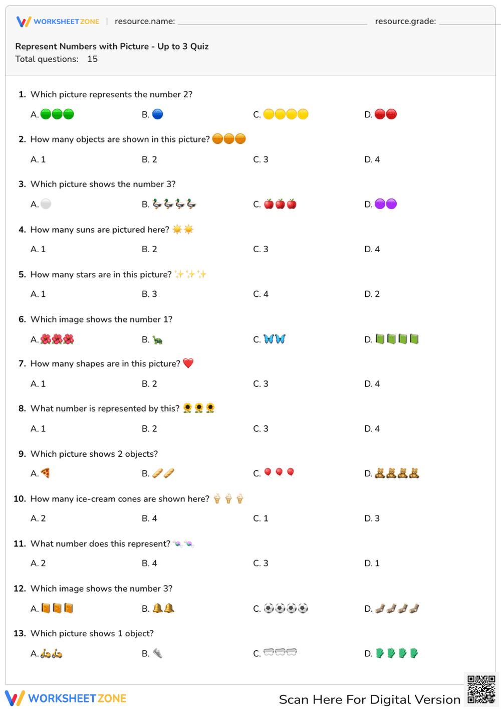 Represent Numbers Up to 3 with Pictures - Page 1