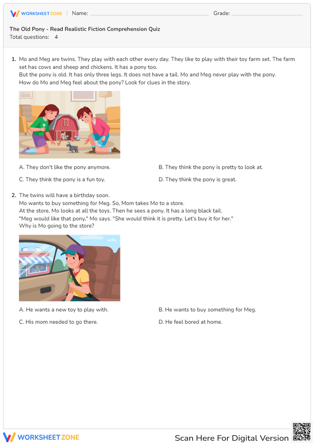 Grade 1 Realistic Fiction Comprehension Printable - Page 1