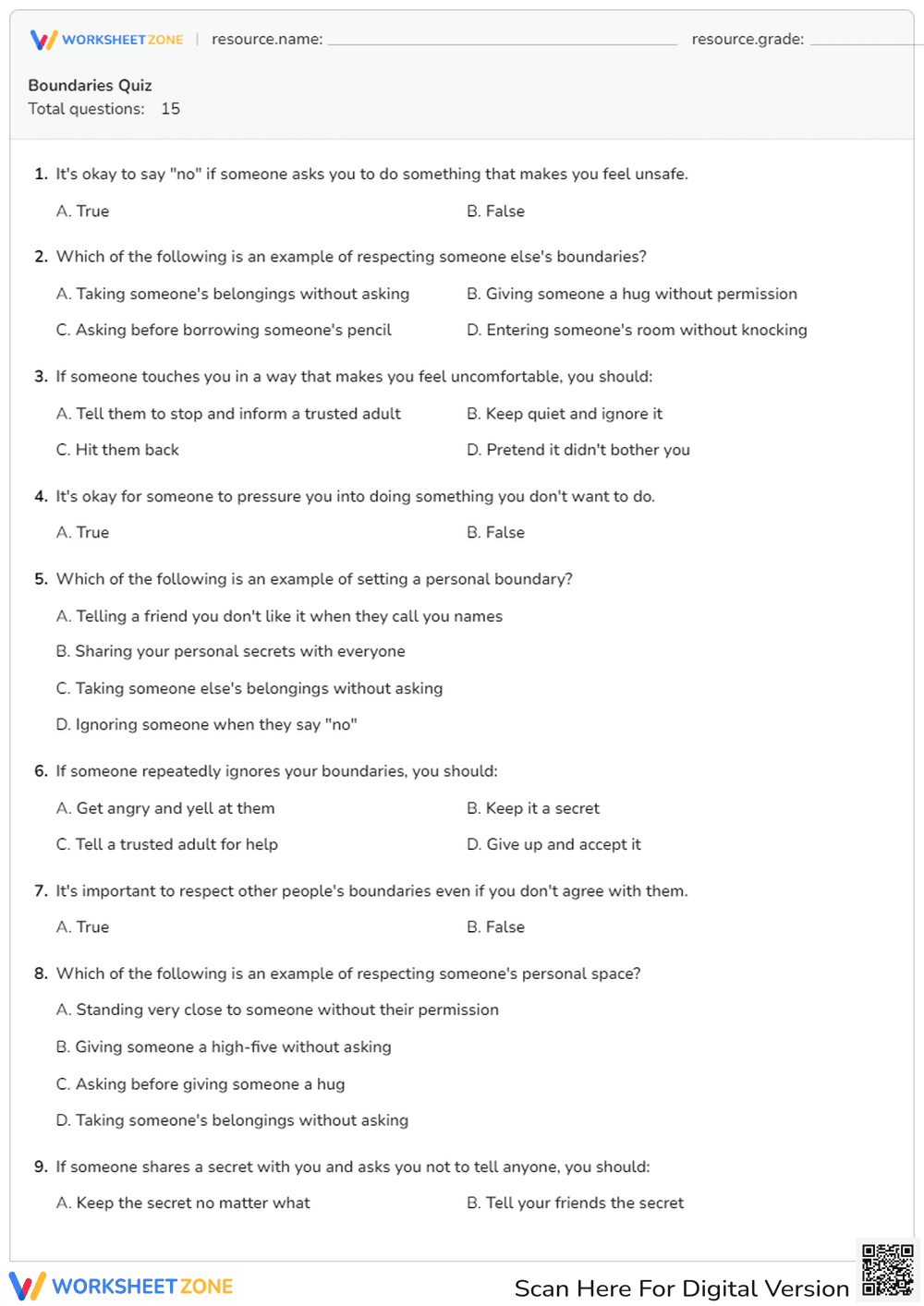 Boundaries Quiz: Essential Grade 3-5 Behavior Worksheet - Page 1