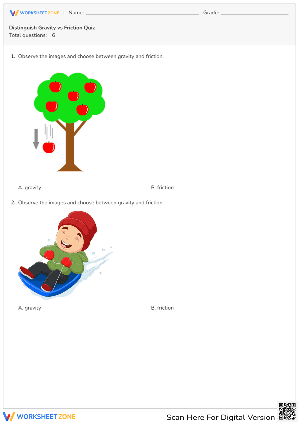 Gravity vs Friction Quiz | Grade 3 Printable Science - Page 1