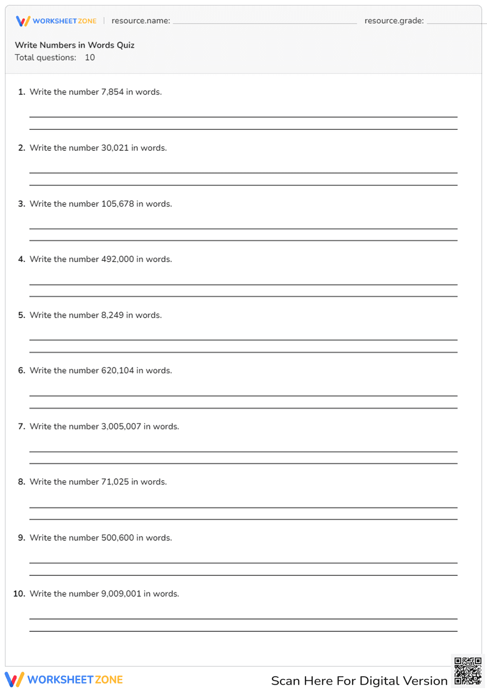 Write Numbers in Words Quiz | Essential Grade 4 Math - Page 1