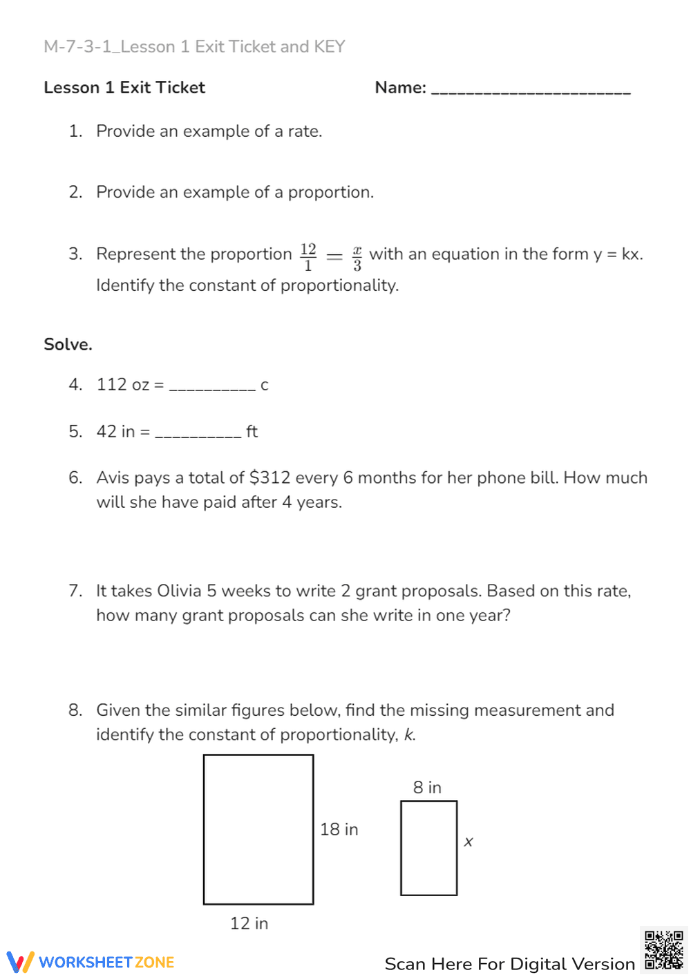 Rates, Proportions & Unit Conversion Practice - Exit Ticket - Page 1