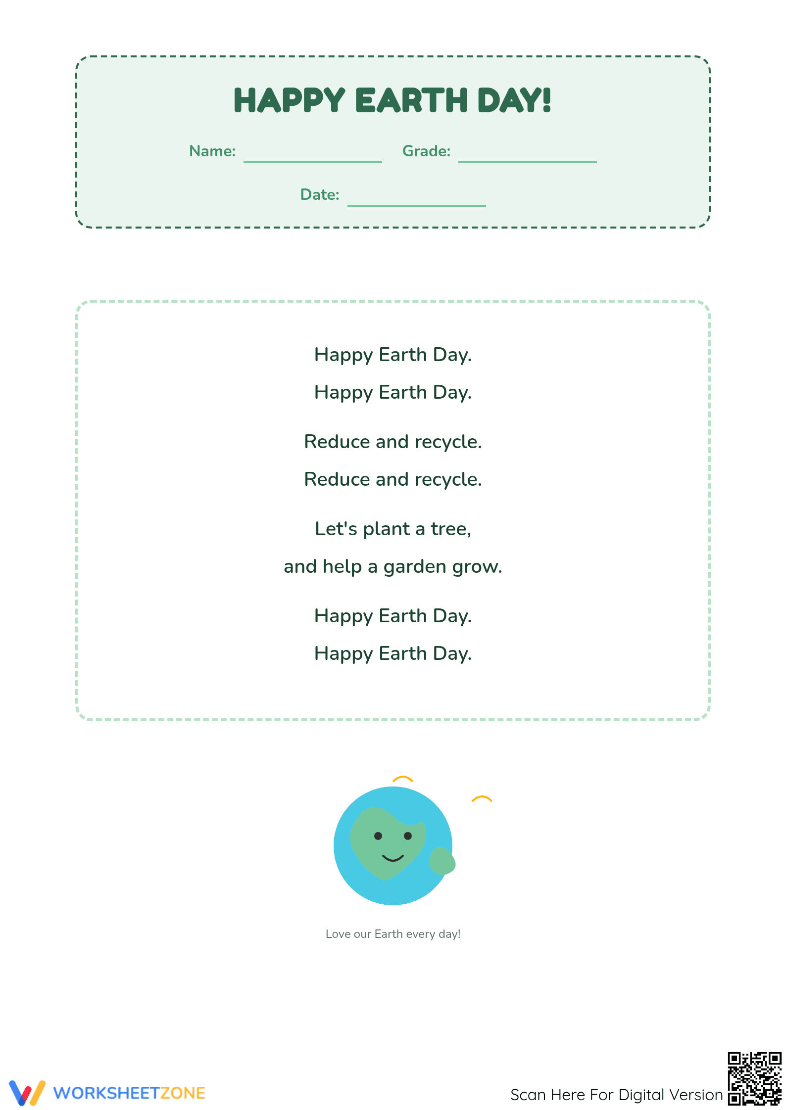 Grade 2 Earth Day Poem — Printable No-Prep Worksheet - Page 1