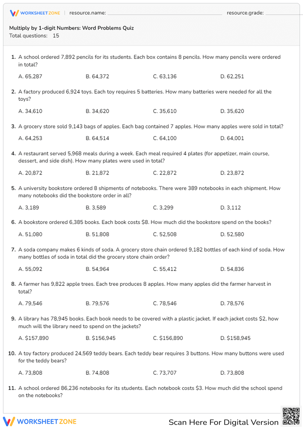Multiply by 1-digit Numbers: Word Problems Quiz - Page 1