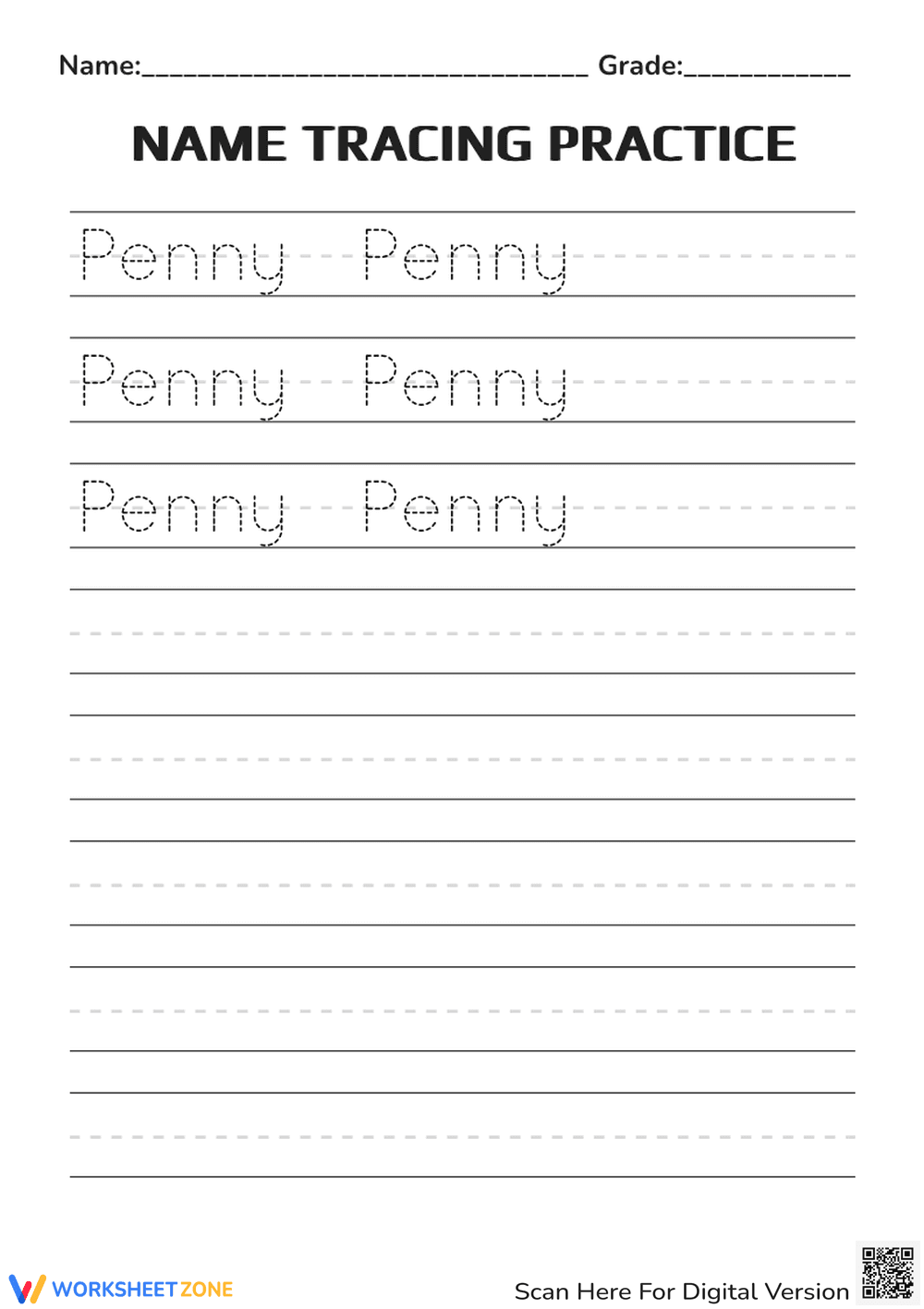 Penny Name Tracing Worksheet | Printable Grade K-1 - Page 1