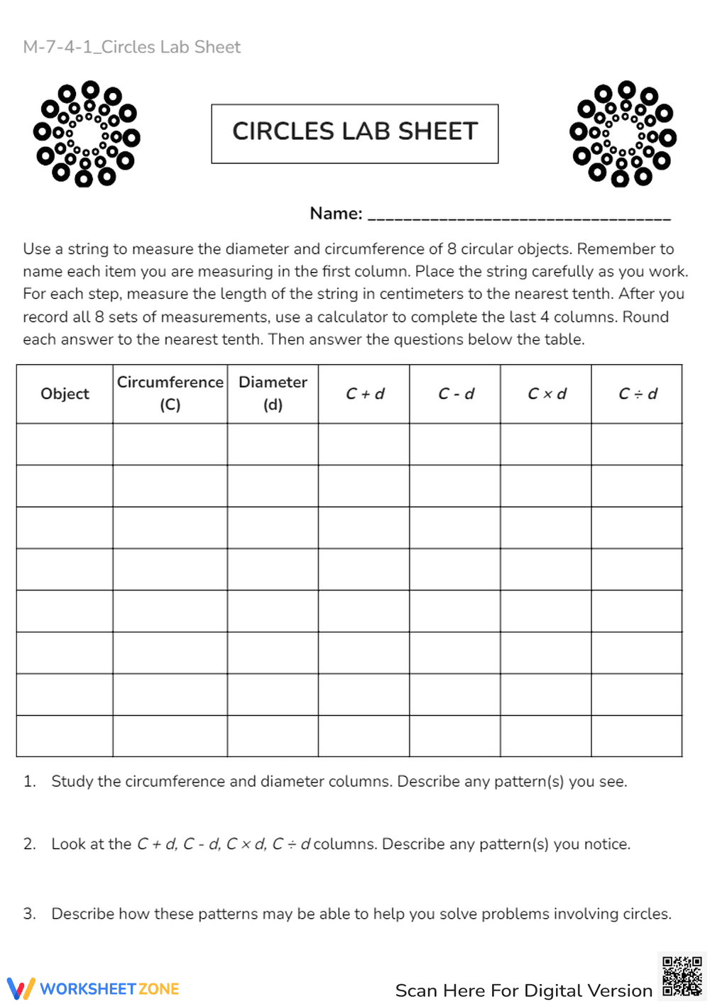 Circle Measurements Lab: Diameter, Circumference & Patterns! - Page 1