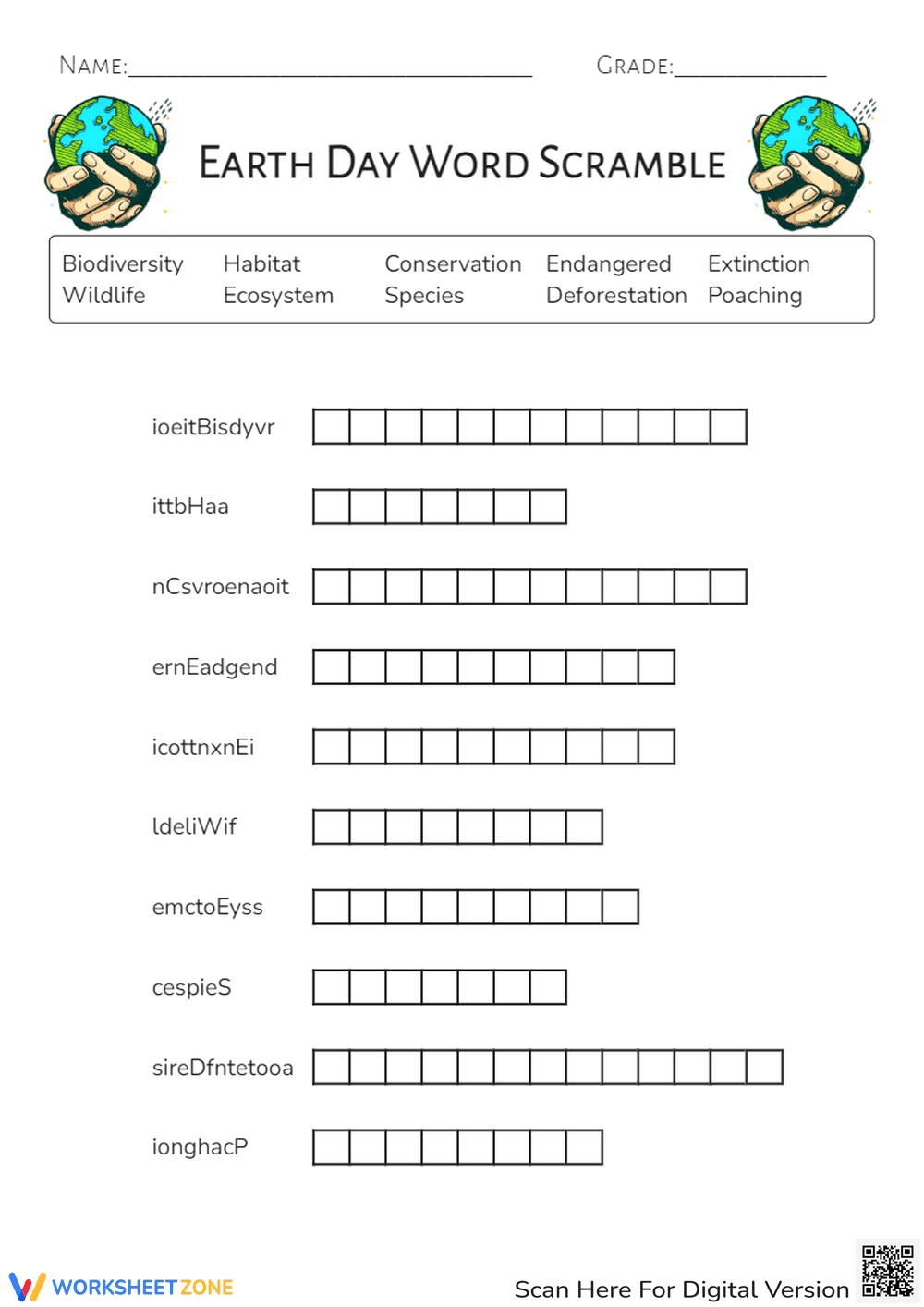 Earth Day Word Scramble - Environmental Vocabulary Puzzle (Grades 3-5) - Page 1