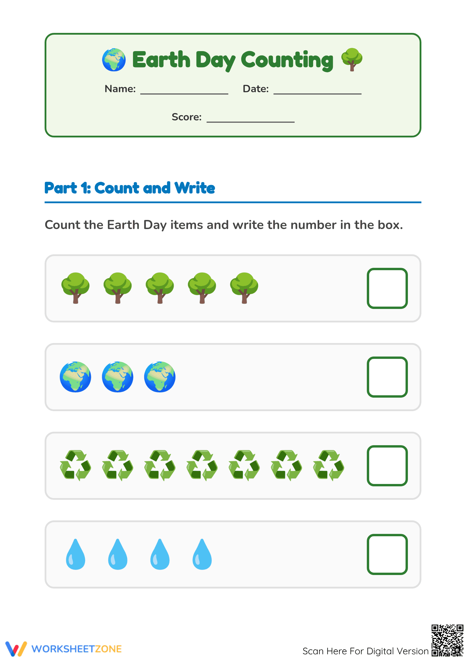 Printable Earth Day Counting Worksheet | Grade K - Page 1