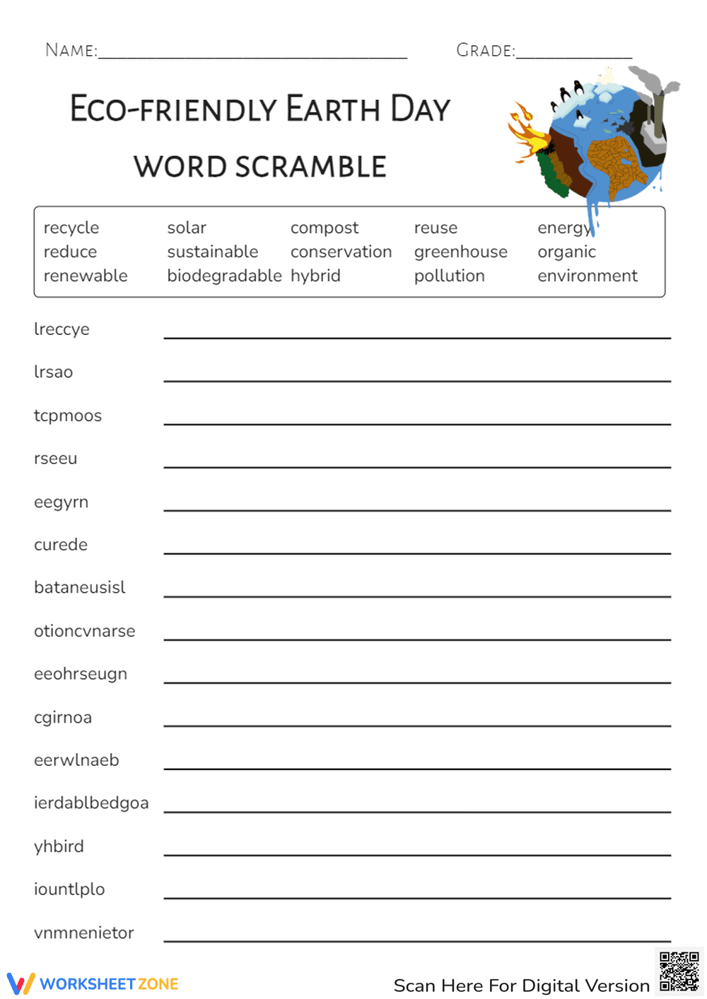 Earth Day Word Scramble - Eco-Friendly Vocabulary Puzzle Fun - Page 1