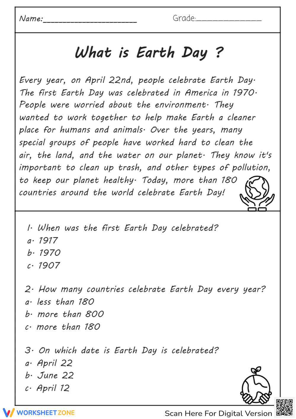 Earth Day Reading Comprehension - Grades 2-4 Worksheet - Page 1