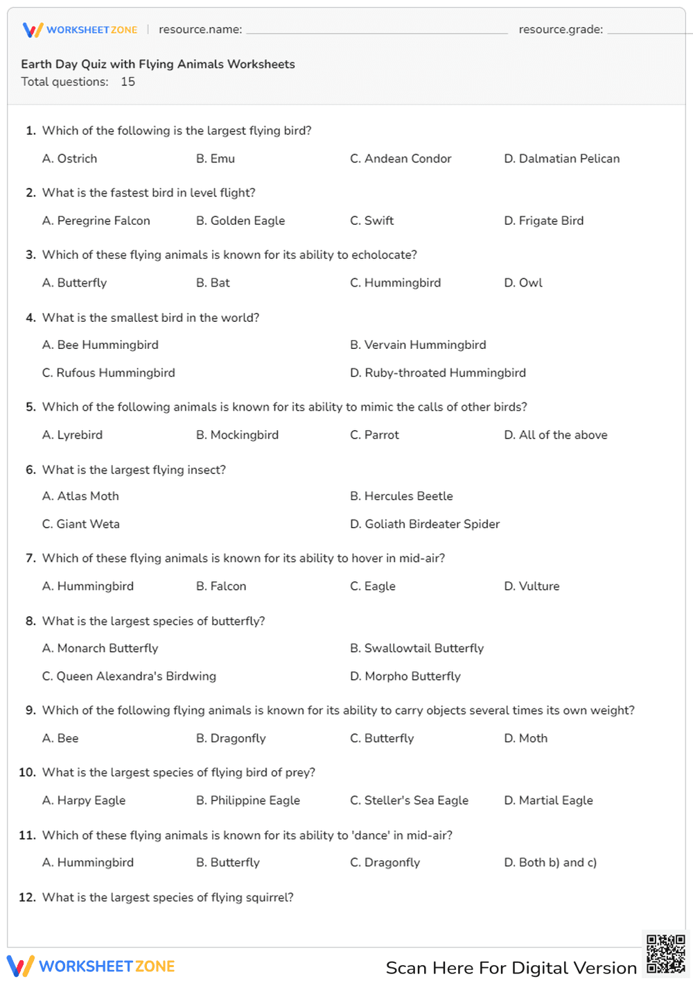 Earth Day Flying Animals Quiz | Grade 4 Essential - Page 1