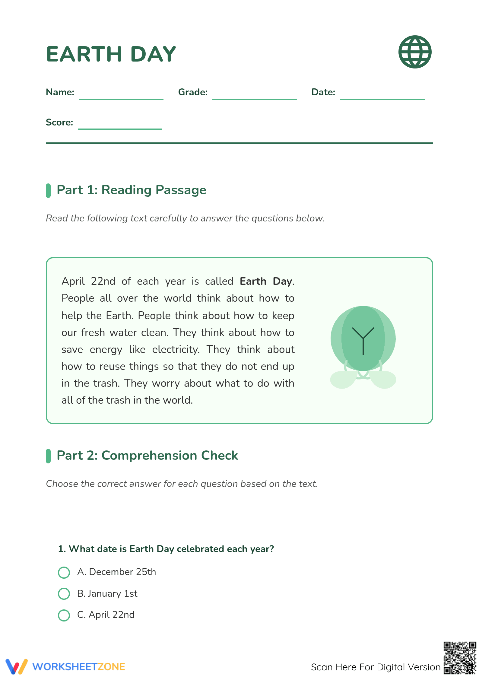 Grade 3 Earth Day Reading Comprehension | Printable - Page 1