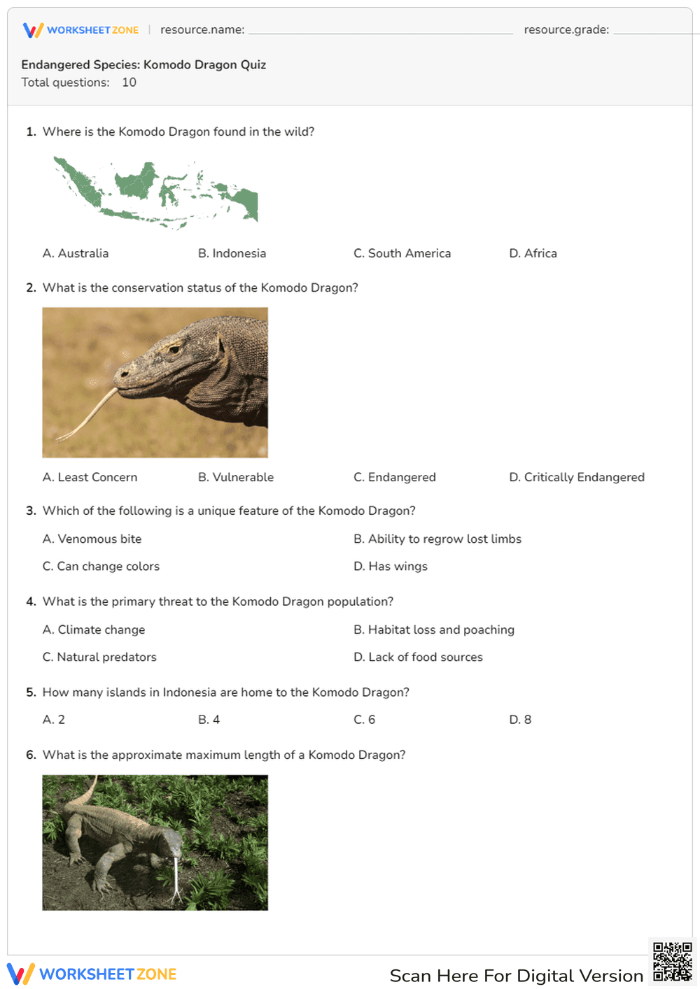 Komodo Dragon Endangered Species Quiz - Page 1
