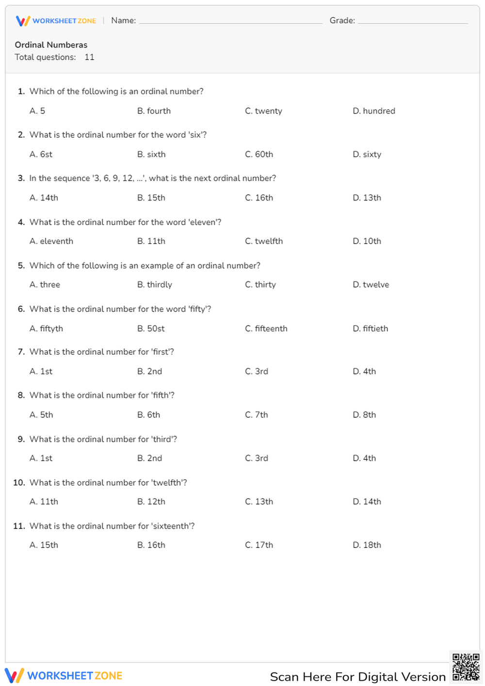Ordinal Numbers Quiz: Identify & Understand - Page 1