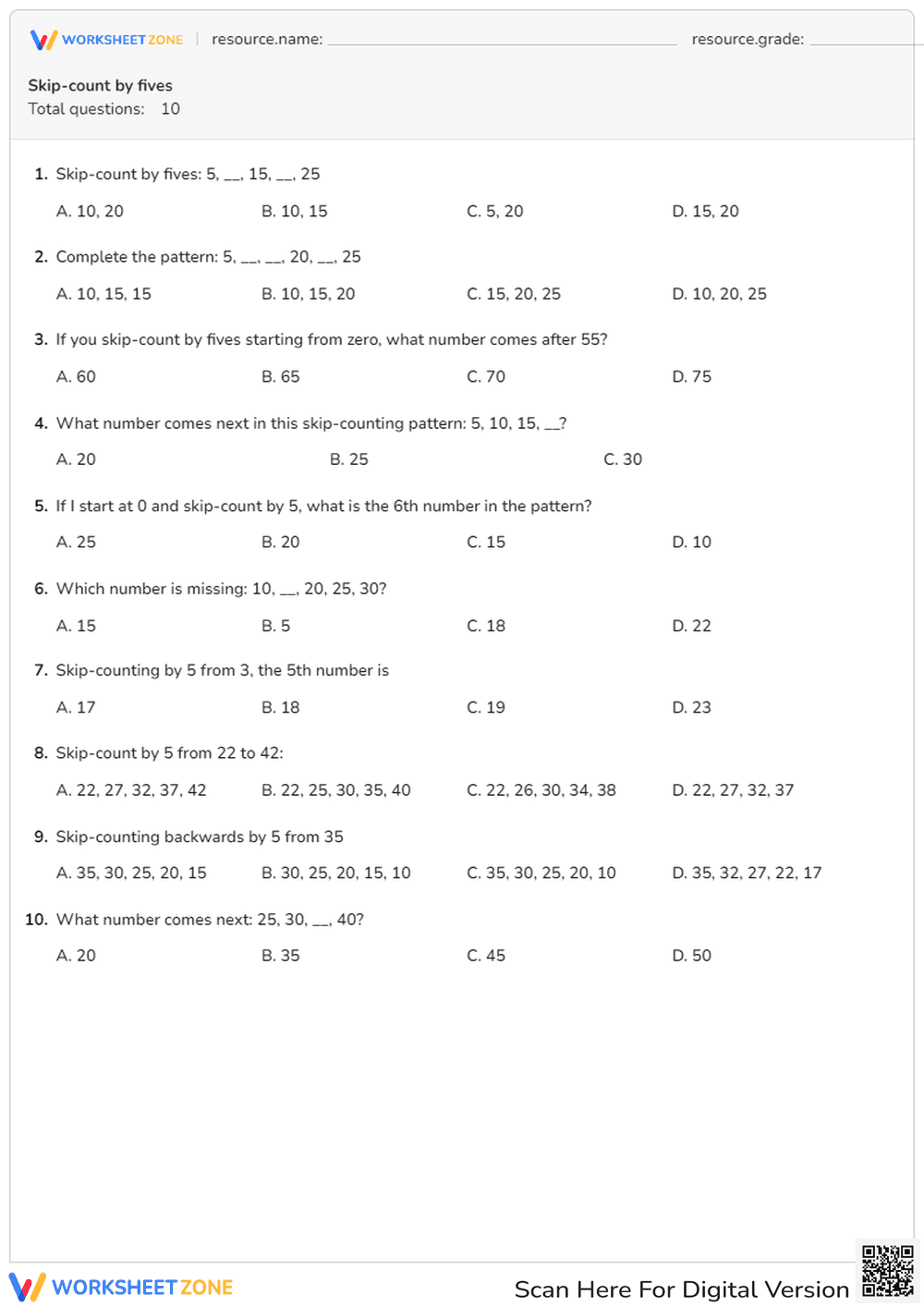 Skip Counting by 5s – Multiple Choice Worksheet - Page 1