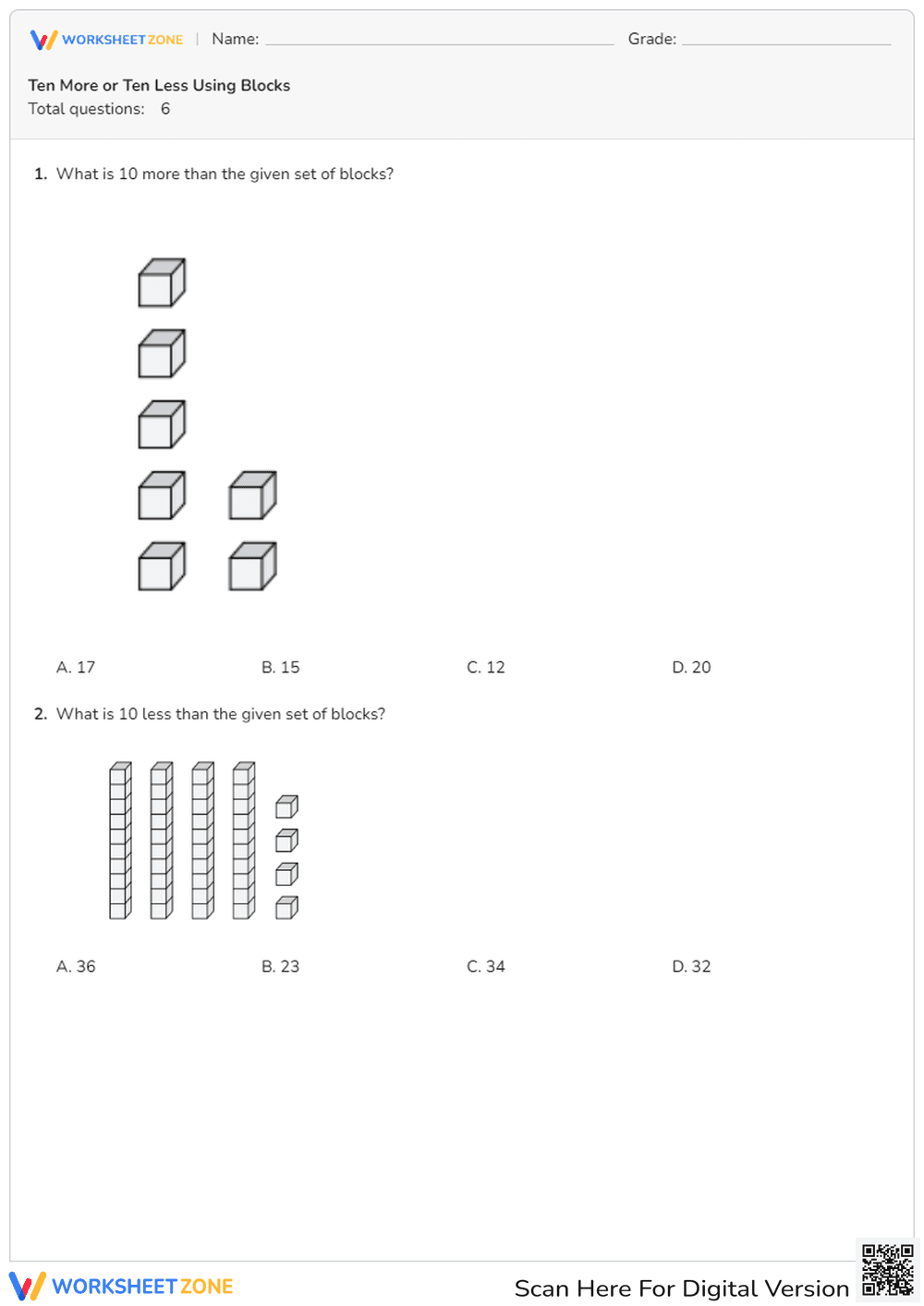 Ten More or Ten Less Using Blocks - Page 1