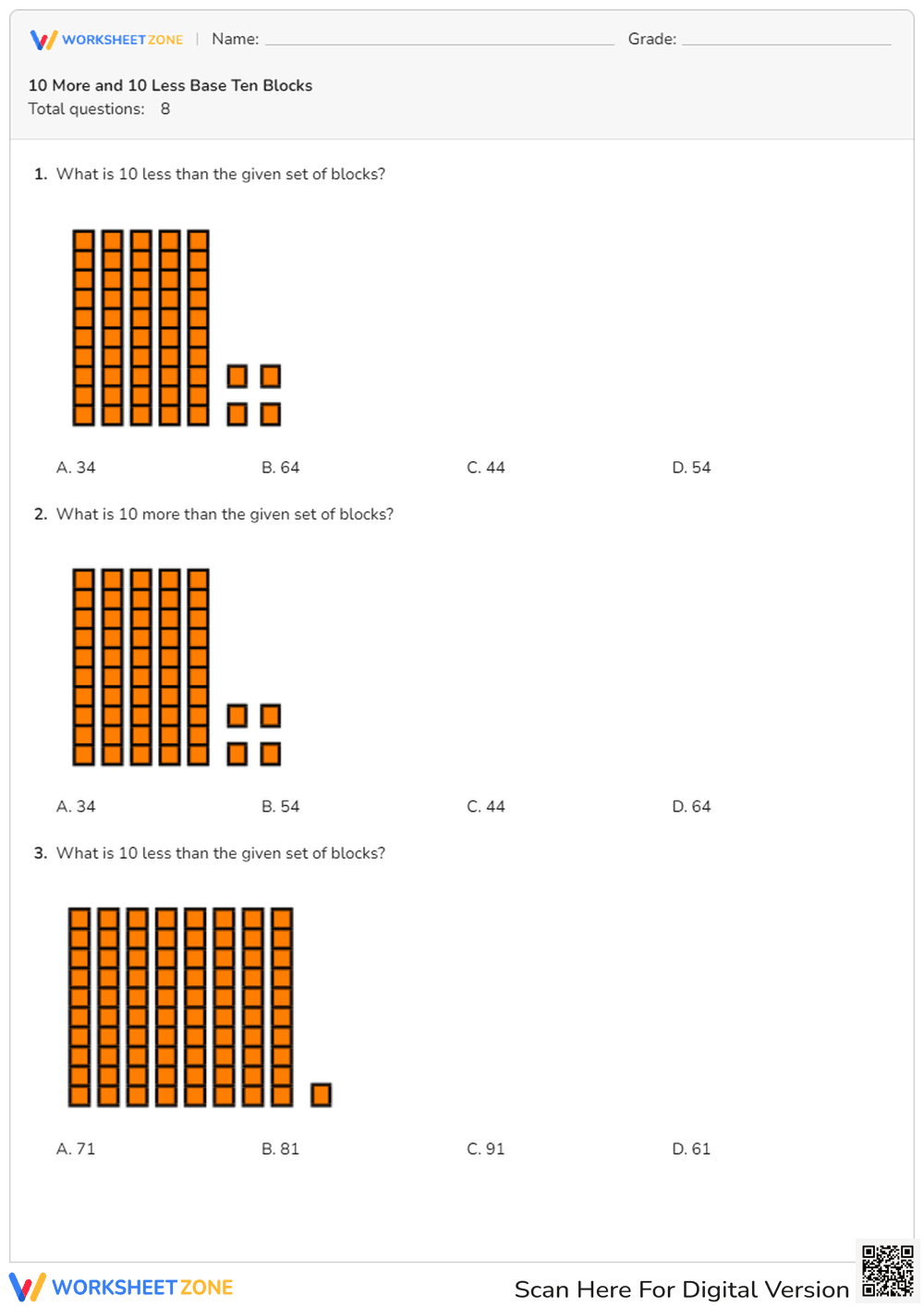 10 More and 10 Less Base Ten Blocks - Page 1