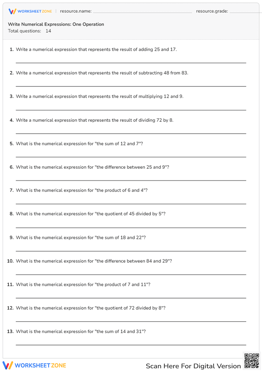 Write Numerical Expressions: One Operation - Page 1