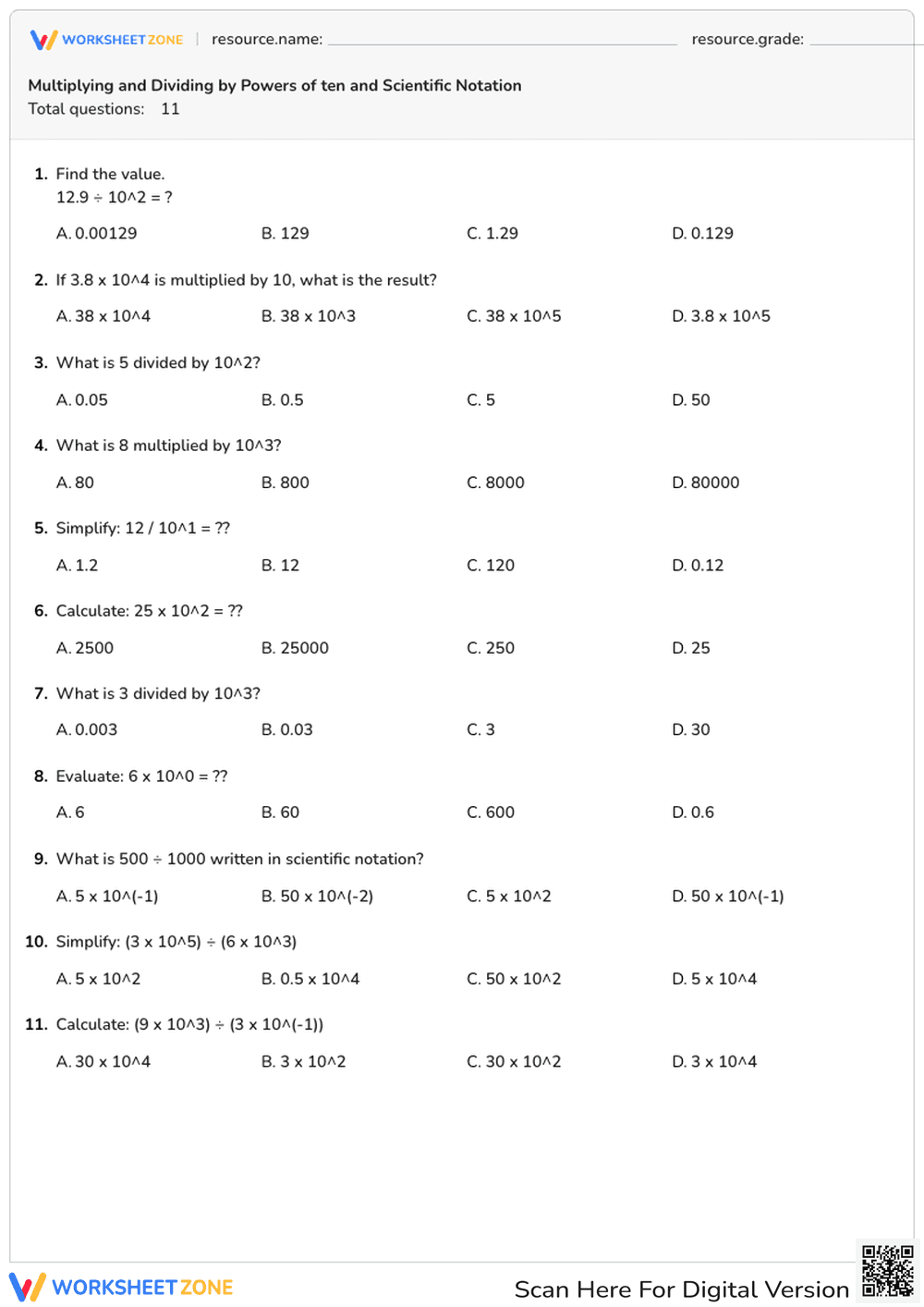 Multiplying and Dividing by Powers of Ten - Page 1