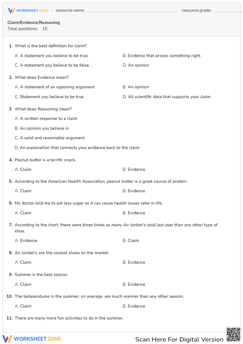 Claim/Evidence/Reasoning - Page 1