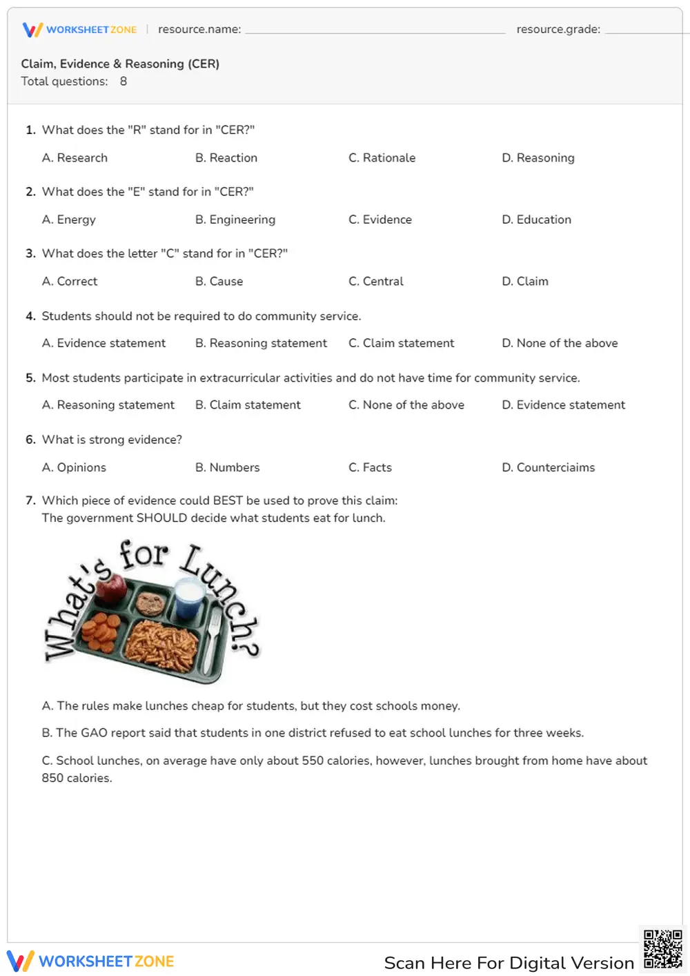 Grade 7 Claim, Evidence & Reasoning — Printable Worksheet - Page 1