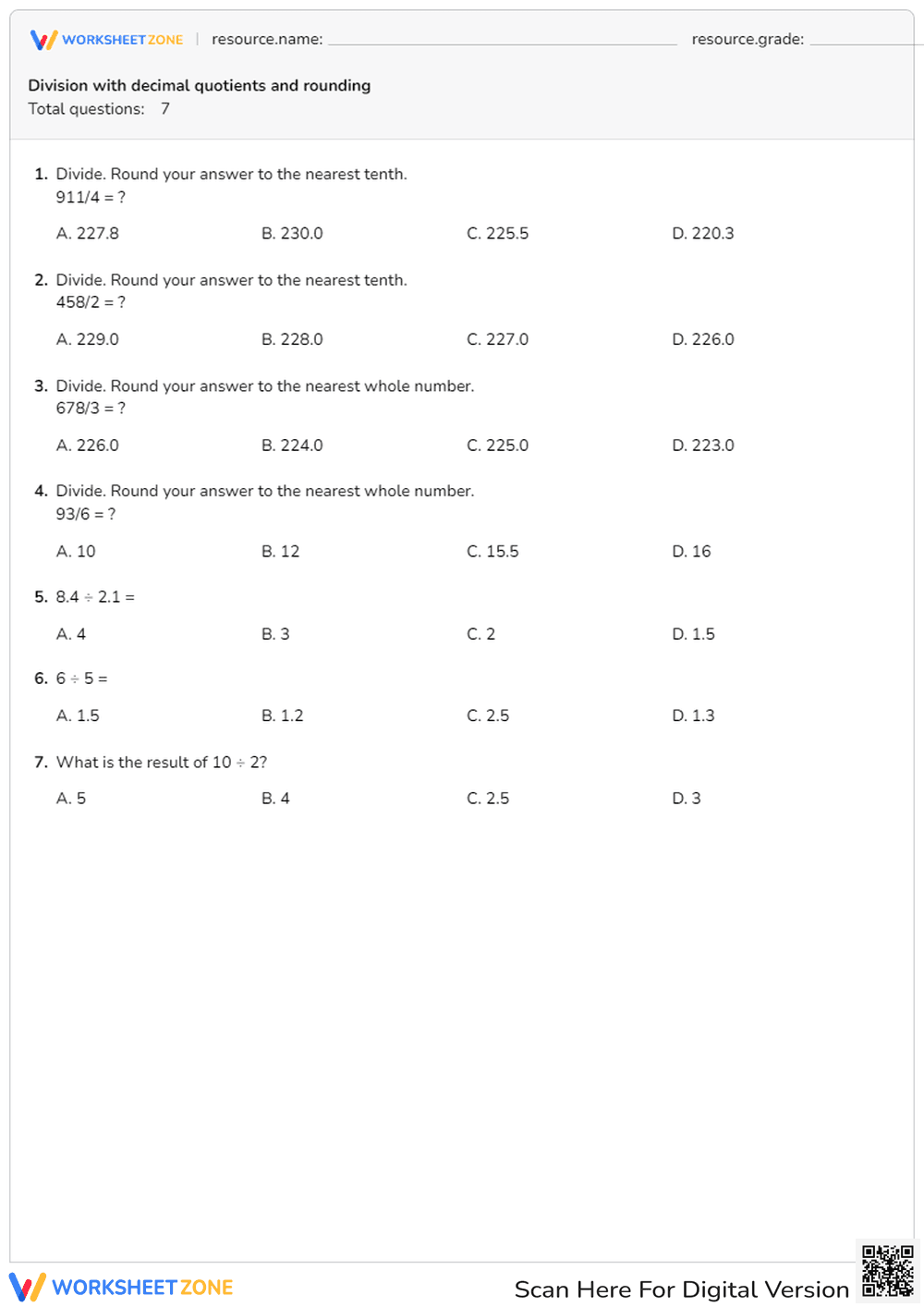 Division with Decimal Quotients - Page 1