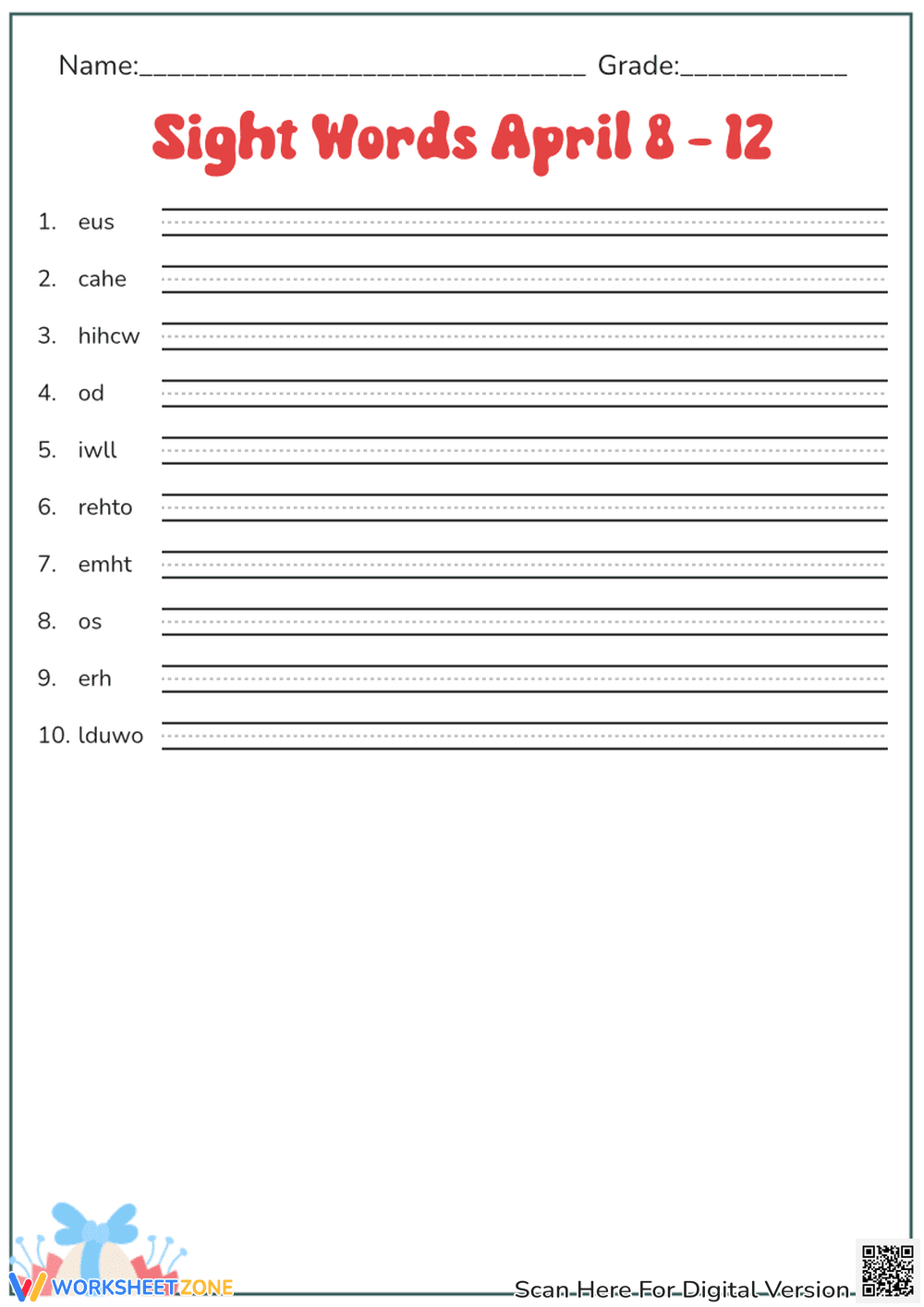 Grade 1 Sight Words — Printable No-Prep Worksheet - Page 1