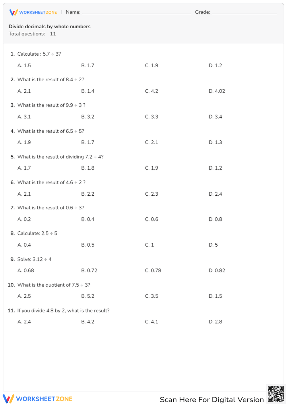 Divide Decimals by Whole Numbers - Page 1