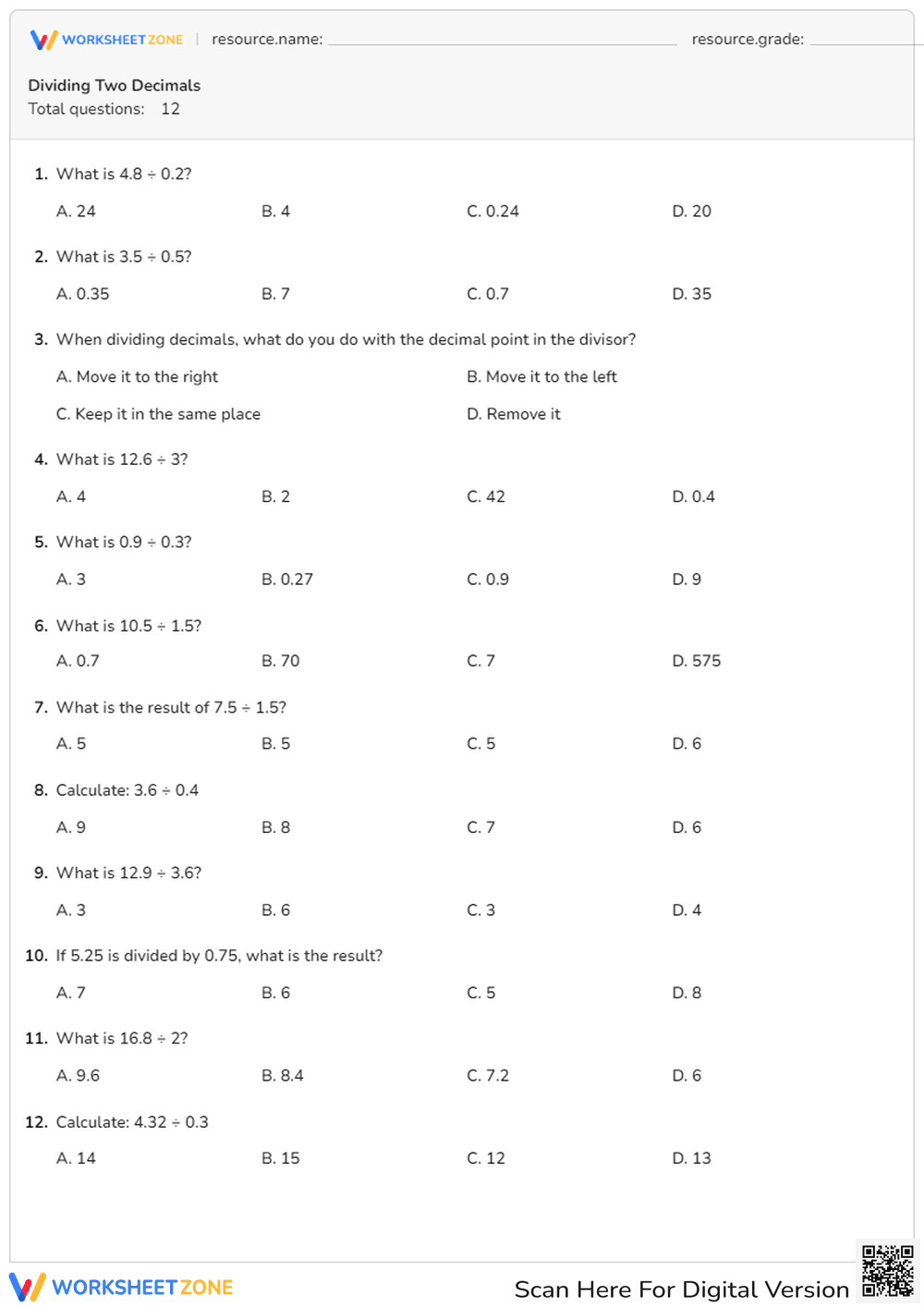 Dividing Two Decimals - Page 1