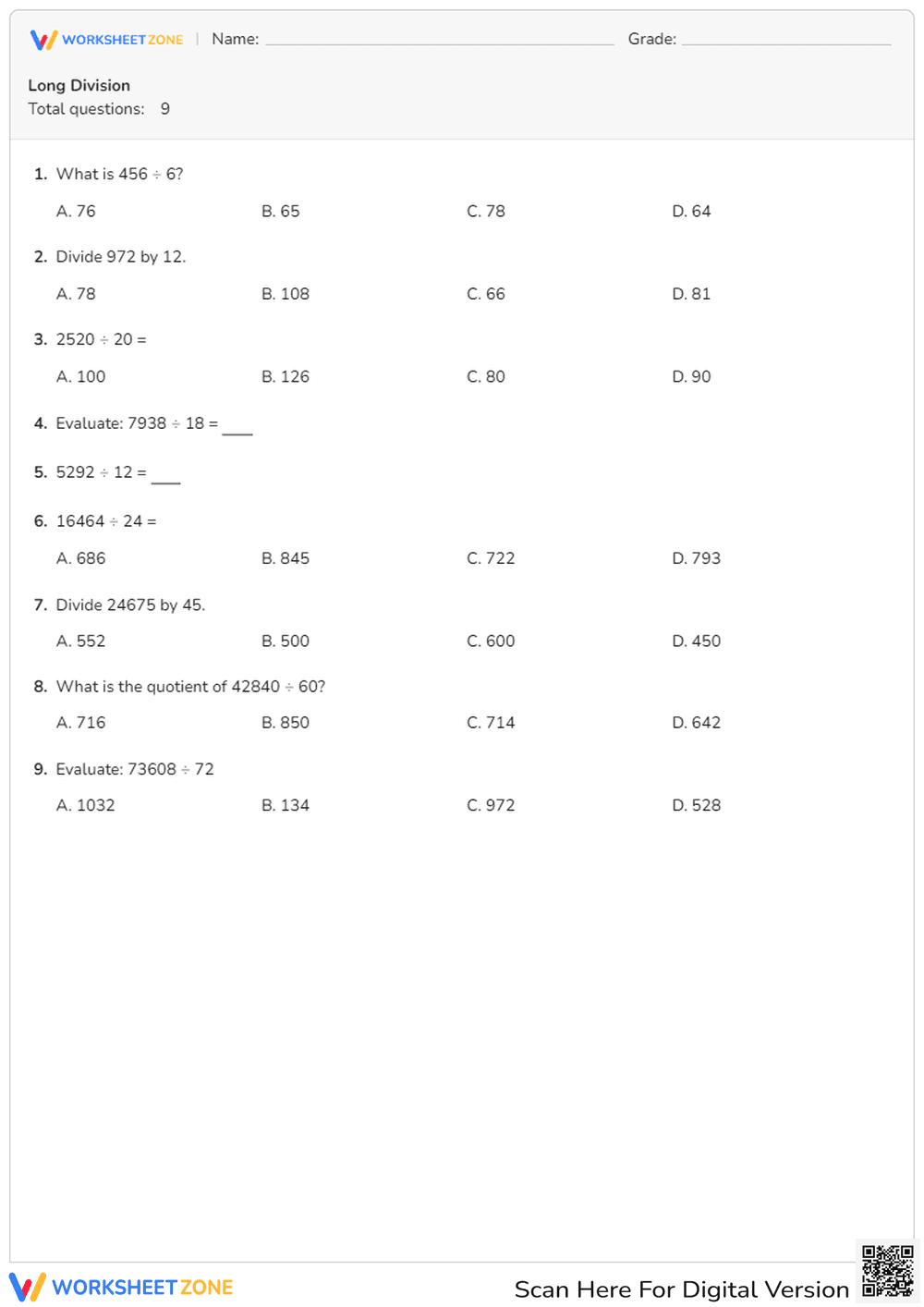 Long Division Printable Worksheet | Grade 6 Math - Page 1