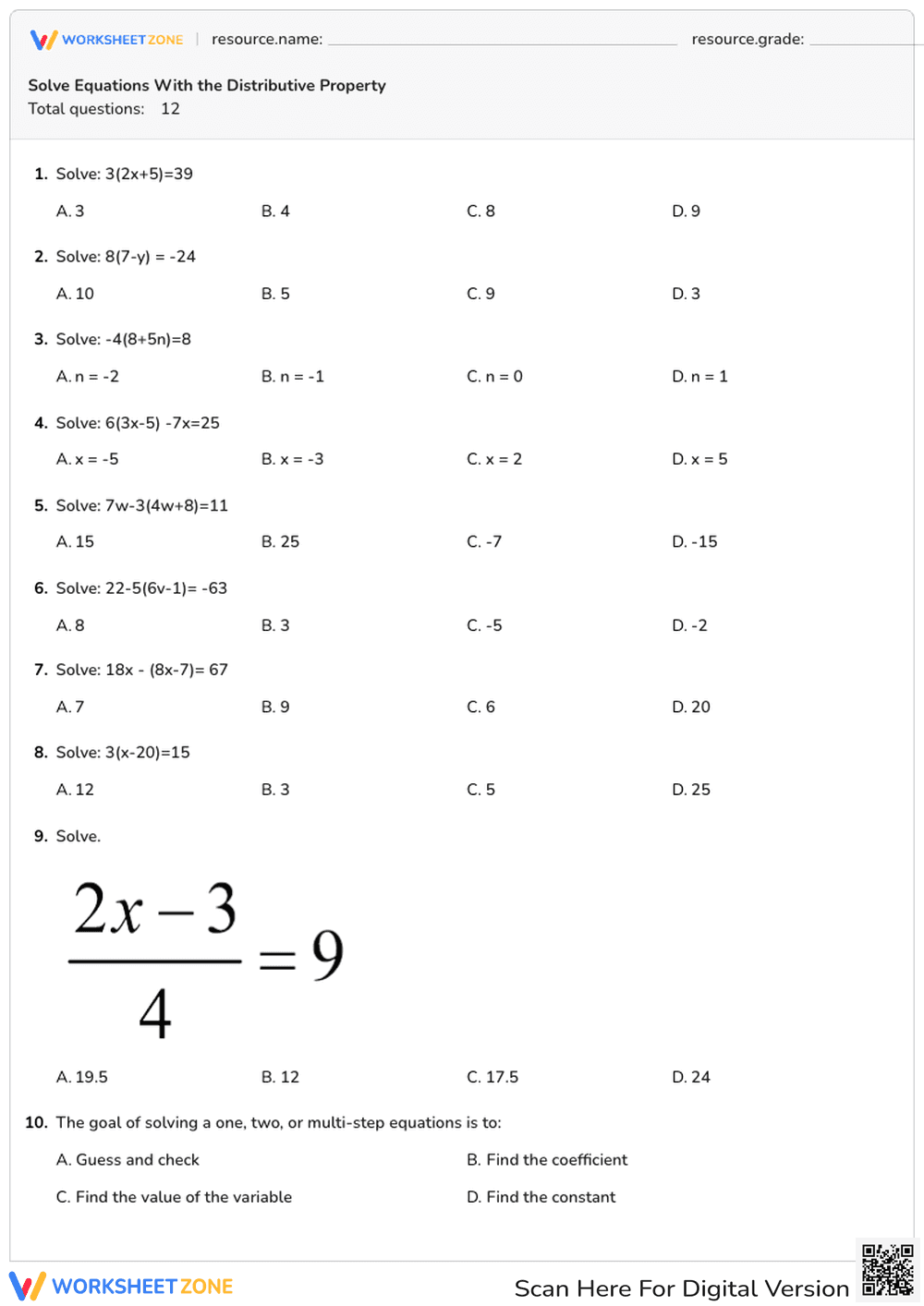 Solve Equations With the Distributive Property - Page 1