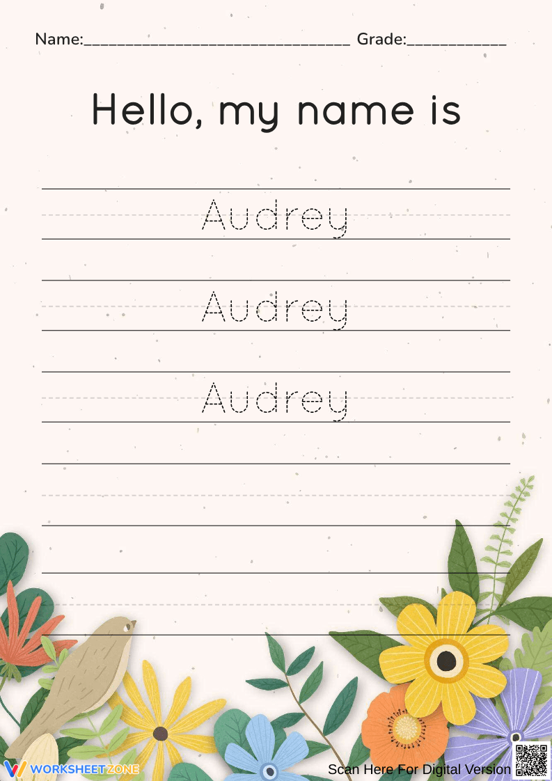 Audrey Name Tracing Worksheet | Essential Grade K-1 - Page 1