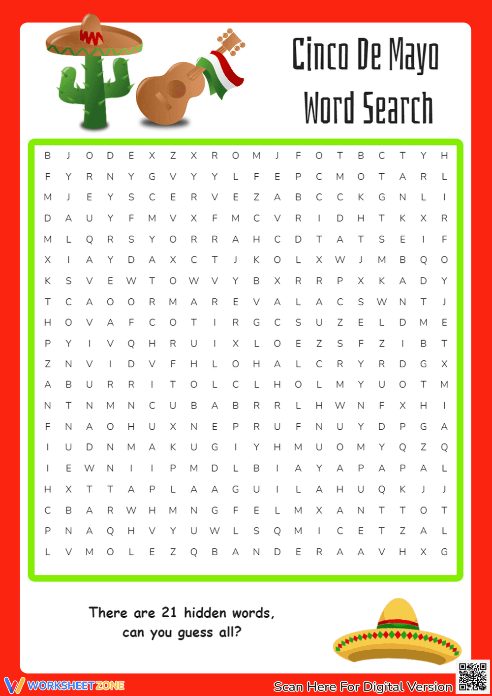 Cinco de Mayo Word Search - 21 Hidden Words! Fun Puzzle Game - Page 1