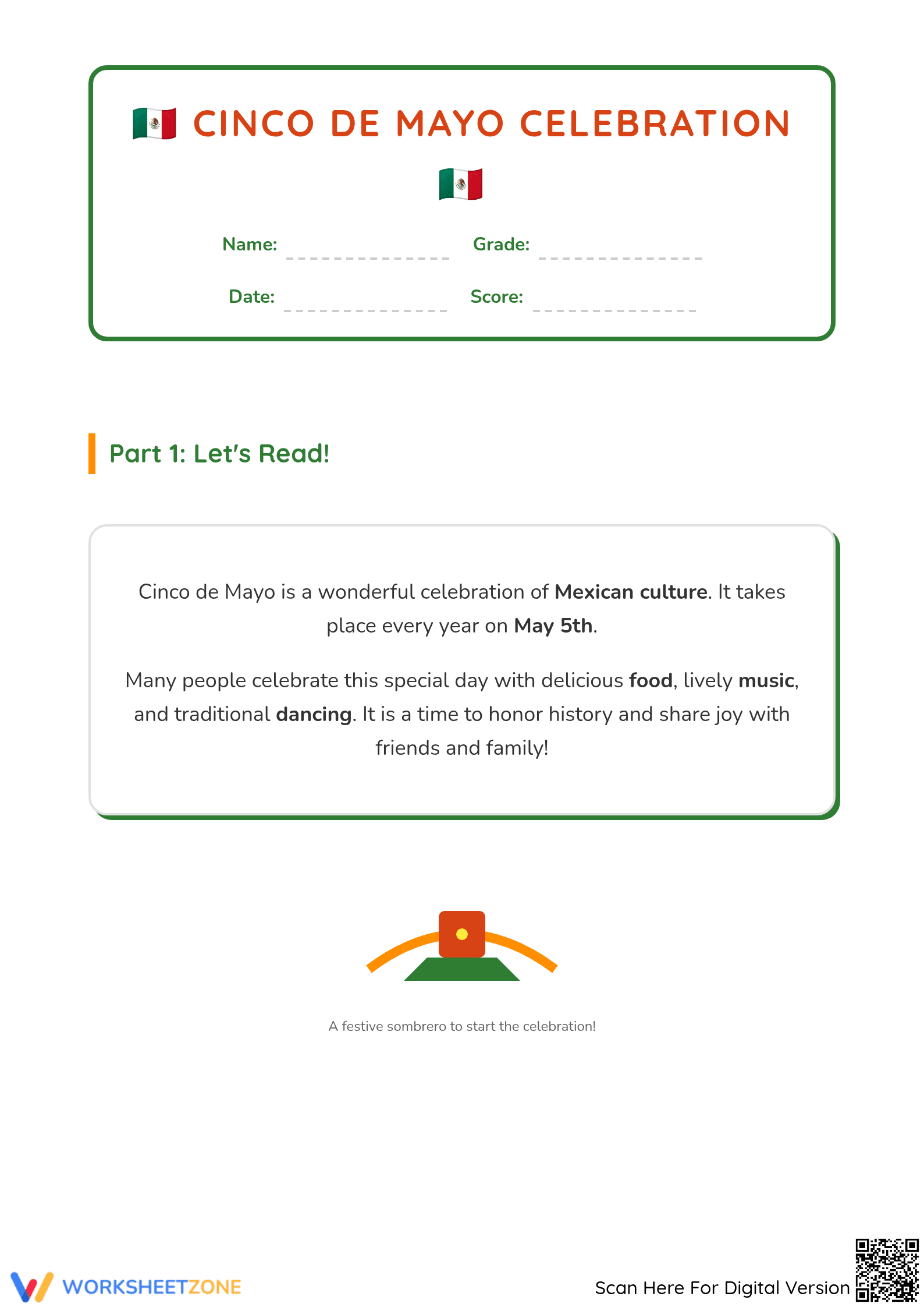 Cinco de Mayo Reading Comprehension | Essential Grade 3-4 - Page 1