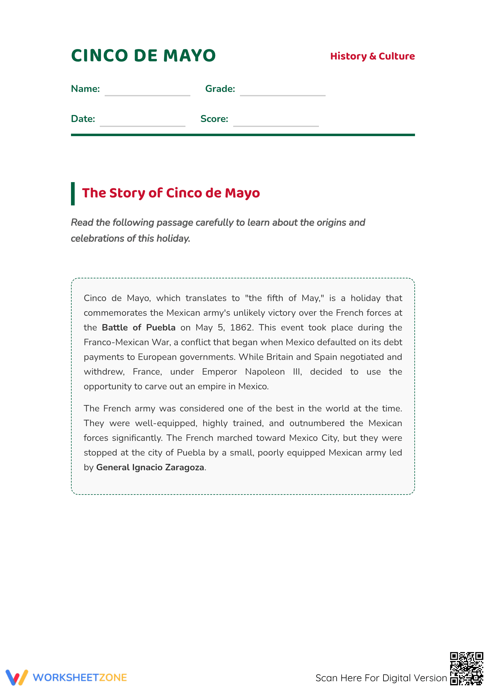 Cinco de Mayo Reading Comprehension | Essential Grade 4 ELA - Page 1