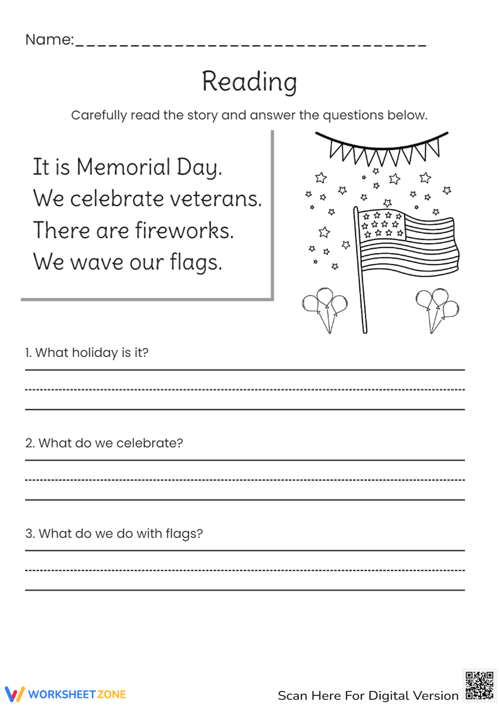Memorial Day Reading Comprehension - Grades 1-3 Activity - Page 1