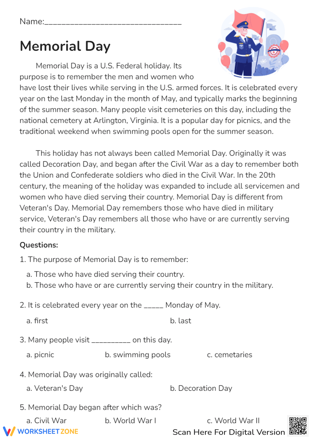 Memorial Day Reading Comprehension - History & Facts Worksheet - Page 1