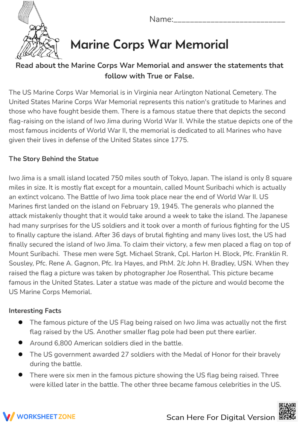 Marine Corps Memorial: Iwo Jima Reading Comprehension - True/False - Page 1